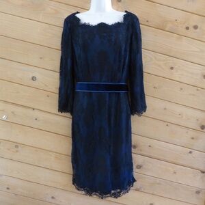 TADASHI SHOJI Navy Lace Overlay 3/4 Sleeve Velvet Belted Midi Scallop Dress 12